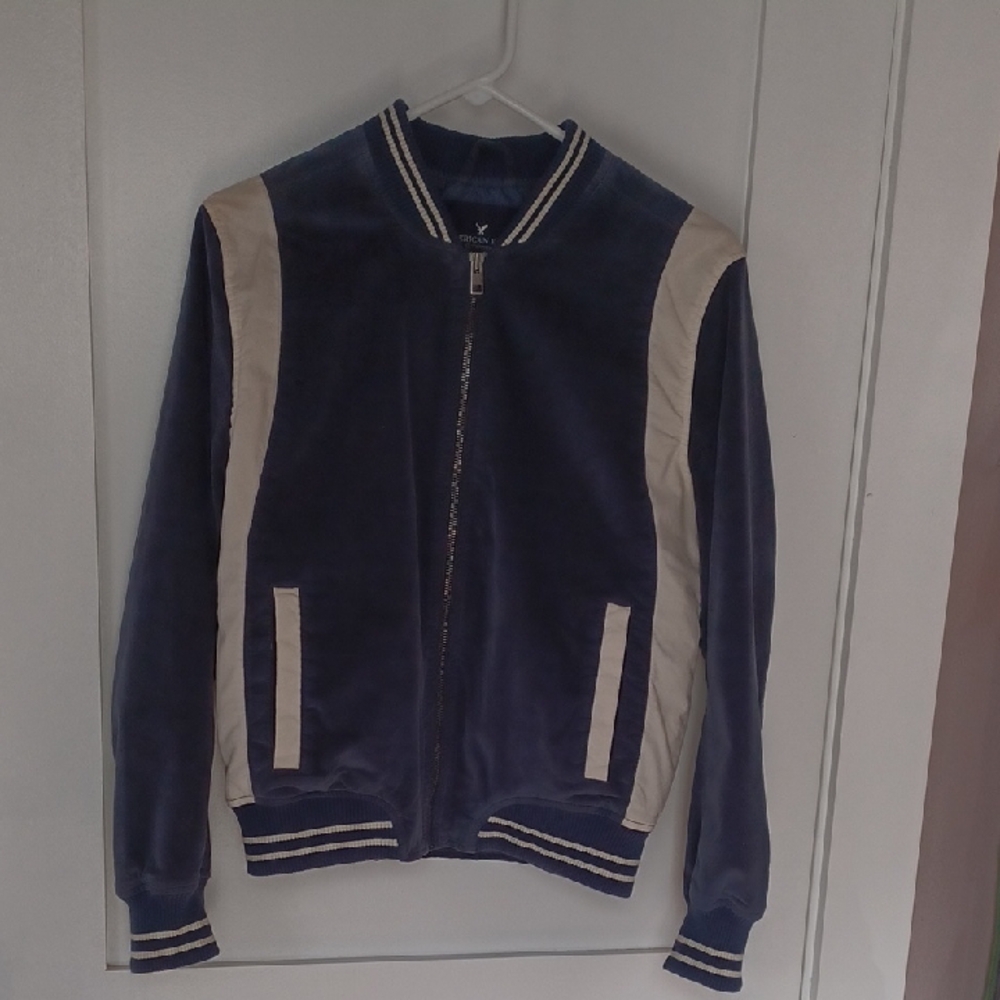 Blue Cream bomber varsity jacket sports stripes velour Honesty American Eagle sm